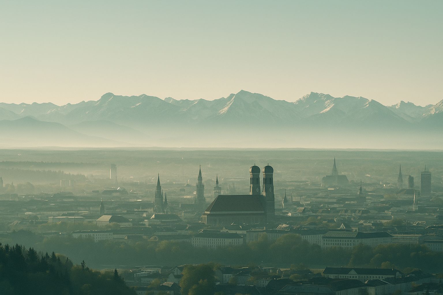 Blick über München in die Alpen